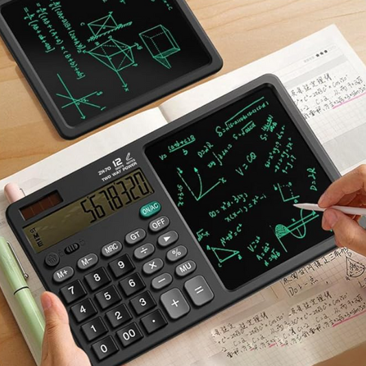 Calculatrice avec tablette d'écriture incassable.